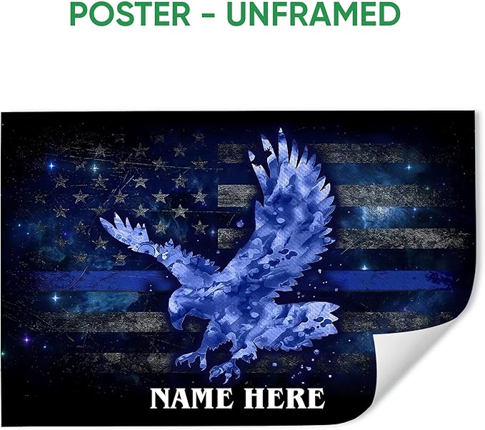 Personalized Police Poster & Framed Canvas, Bald Eagle Drop Thin Blue Line Flag Home Office Decor, Custom Name Bedroom Living Room Aesthetic Wall Art Gift For Policeman, Law Enforcement