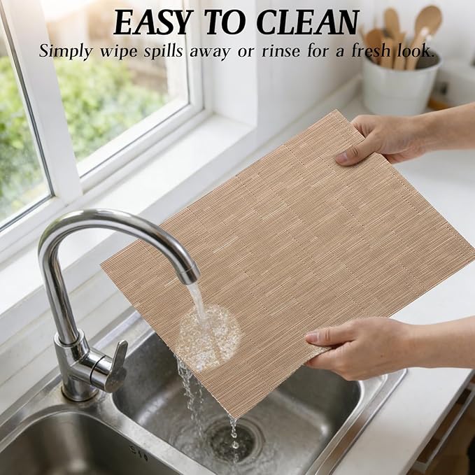 Timeet Placemats Set of 4, Heat Resistant Non-Slip Place Mats, Durable Washable PVC Vinyl Woven Table Mats, Linen Textured Table Placemats for Dining Kitchen Resistant Easy to Clean(Brown)