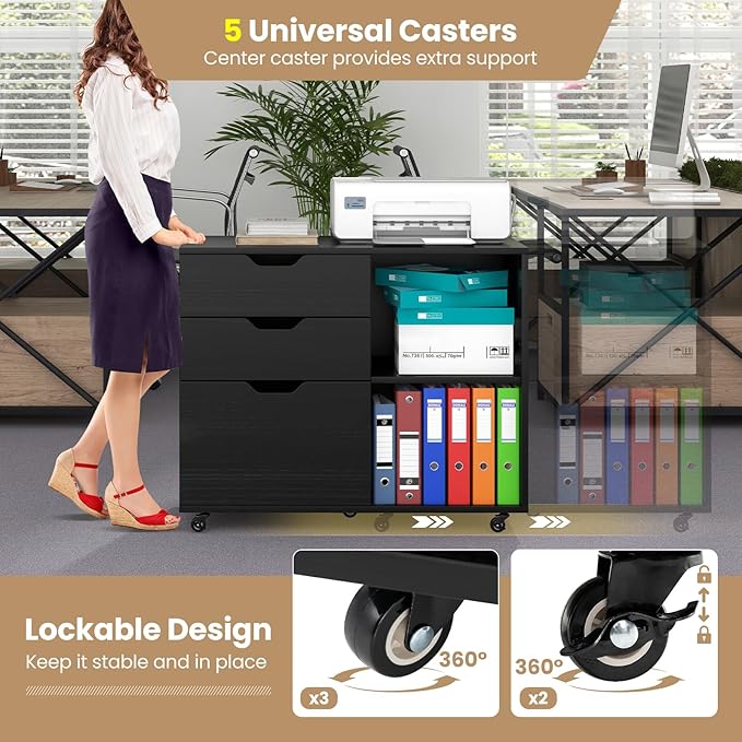File Cabinet, Mobile Filing Cabinet w/Universal Wheels & 3 Drawers, Wood Printer Stand with Storage, Rolling File Cabinets for Home Office, Living Room, Bedroom (Black, 3 Drawers)