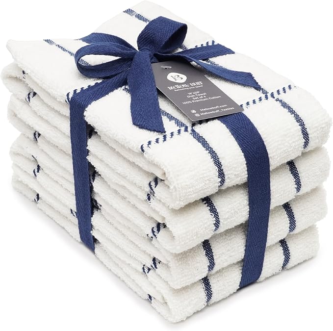 100% Cotton Terry Dish Towels, 4 Pack Checks, 16 x26 Inches, Super Soft and by Ecotribe
