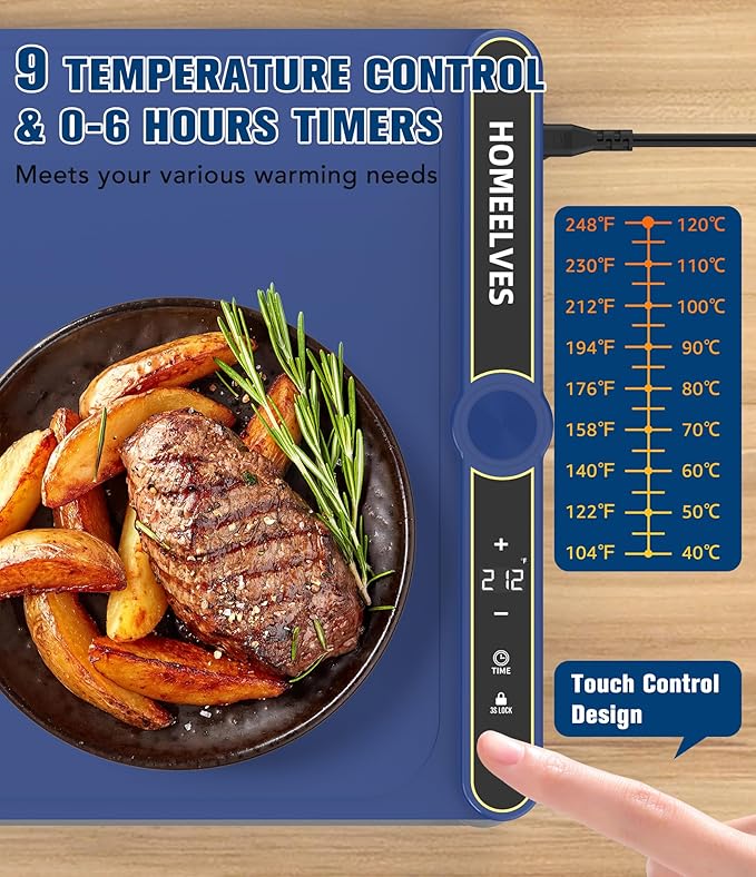 Warming Mat for Food Extra Large 39.4”X15”, 8S Rapid Heating Electric Warming Tray with 9 Temp Setting and 6H Timer, Food Warming Pad, Portable Food Warmers for Parties Buffet, Blue