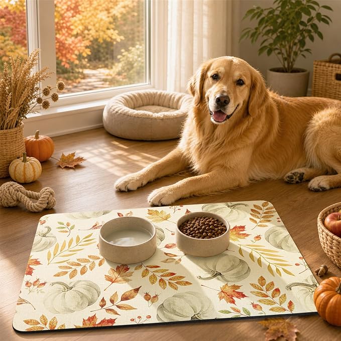 LOKHOM 12"x20" Fall Dish Drying Mat，Autumn Harvest White Pumpkin Leaves | - Image 5