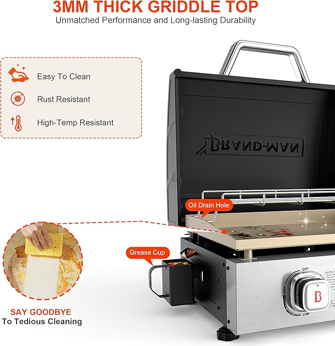 Brand-Man Propane Tabletop Griddle, 2-Burner Portable Flat Top Grill with Hood, Warming Rack & Adapter Hose - Supports 1 lb & 20 lb Gas Cylinders for Versatile BBQ Cooking, Camping, Home BBQ