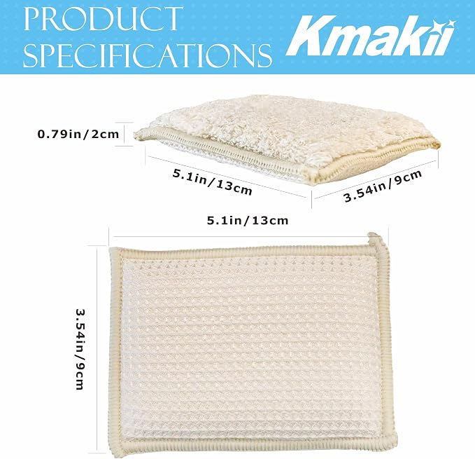 KMAKII Bamboo Kitchen Sponges Dish Sponges Natural Cleaning Sponges Beige 6 Pack - Image 2