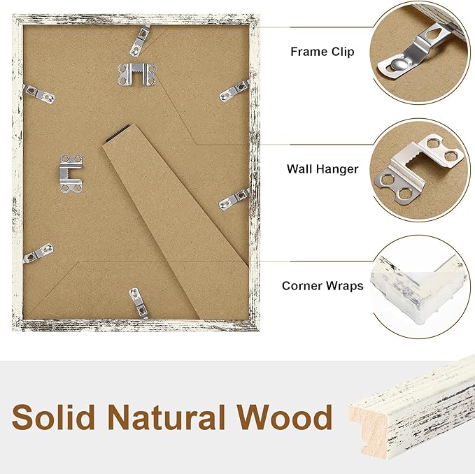 Vittanly 8.5x11 Picture Frame, Solid Wood Frame with Plexiglass, Includes 6x8 Mat, Wall Hanging or Tabletop for Photos, Home Decor, Distressed White, 1 Pack