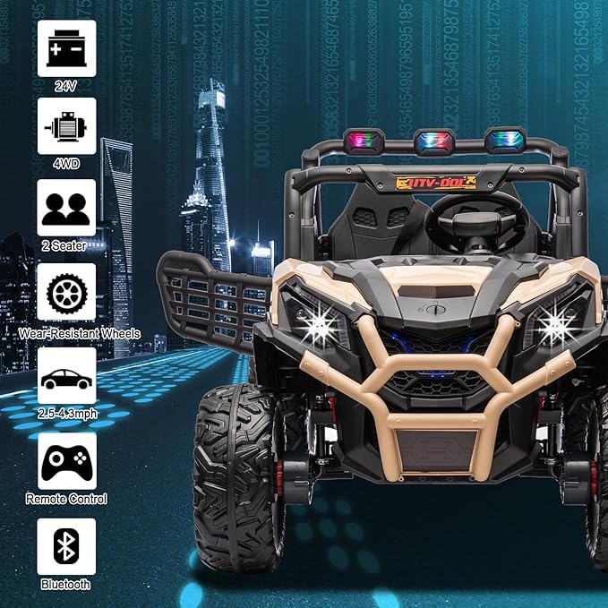 24V 2 Seater Kids Ride On UTV, Battery Powered Electric Car with Remote Control, 4WD Ride On Truck, Side by Side Ride On Car with Bluetooth, Sand Yellow