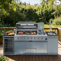 96-Inch 6-Burner 85000 BTU Propane Gas Outdoor Kitchen Island Grill with Wine Cooler, Rotisserie & Granite Countertops – Combining a spacious grilling area with versatility, Silver