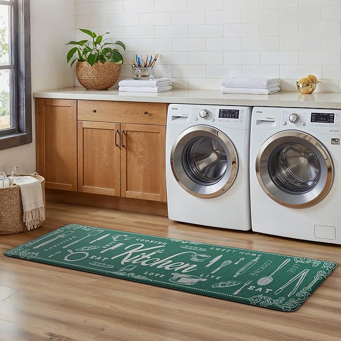 GENIMO Anti Fatigue Kitchen Mats for Floor, Non Slip Washable Kitchen Theme Rugs sets of 2, Farmhouse Cushioned Waterproof Comfort Runner Rug for Kitchen, Sink, Desk, Laundry, 17"x 59"+17"x 30", Green