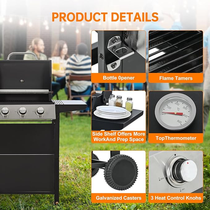 3 Burner Propane Gas Grill, Stainless Steel BBQ Grill 30,000 BTU for Outdoor Cooking Kitchen, Garden and Patio Backyard Barbecue, Black and Silver