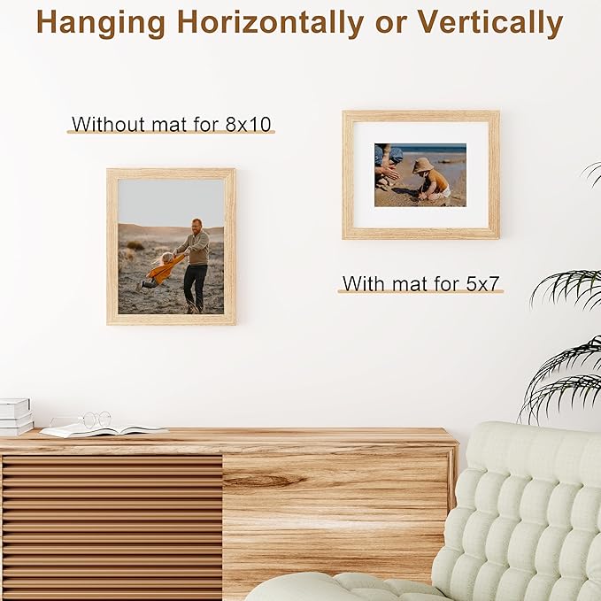 Vittanly 8x10 Picture Frame, Solid Wood Frame with Plexiglass, Includes 5x7 Mat, Wall Hanging or Tabletop for Home Decor, Natural, 3 Pack