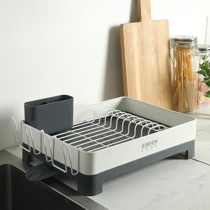 Gibson Home Nestcraft Full Size Rust Resistant Dish Rack with Drain Board and Flatware Caddy - White