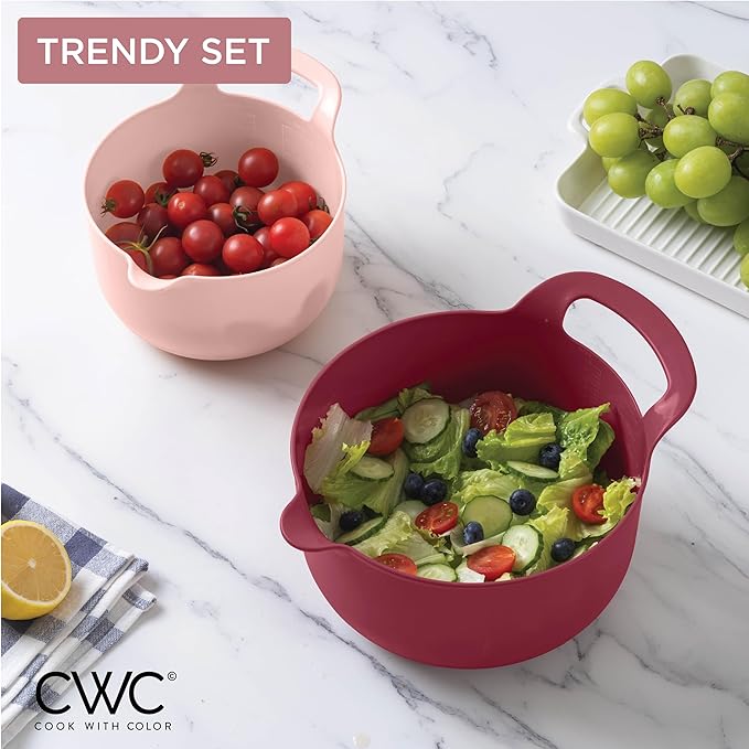 COOK WITH COLOR Nesting Plastic Mixing Bowl Set with Pour Spouts and Handles, Rose, 4 Piece Non-Slip