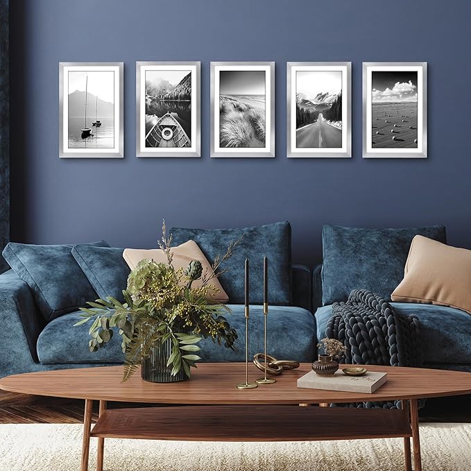 Americanflat 11x17 Picture Frame with Polished Plexiglass - Set of 5 - Use as 9x15 Frame with Mat or Display 11x17 Photo Without Mat - Galleria Collection - Picture Frames for Wall Display - Silver