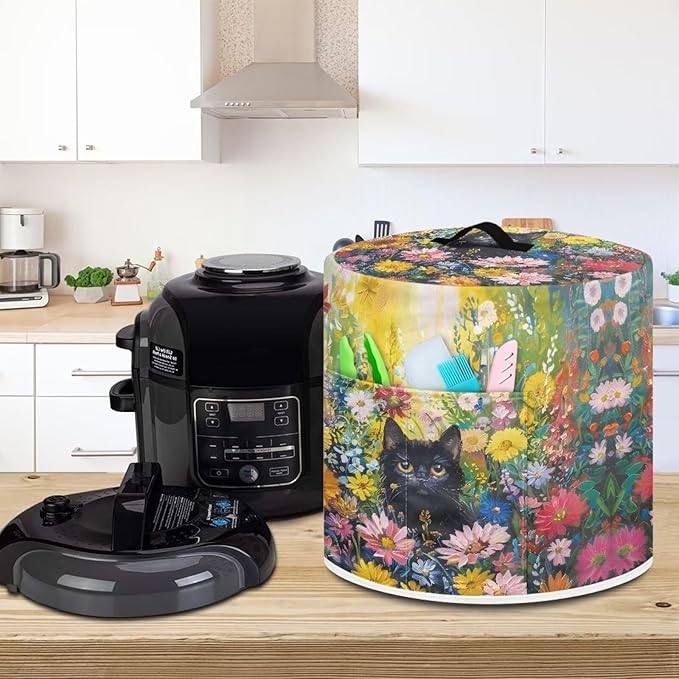 Xoenoiee Black Cat Vibrant Floral Print Kitchen Appliance Dust Cover with Pockets, Electric Pressure Cooker Cover for 6qt Compatible with Crock Pot, Rice Cooker Cover
