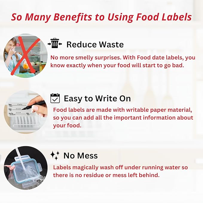 2x1 Dissolvable Food Labels, 250 Label Stickers, Bottle Labels for Storage Bins, Sticker Labels for Food containers, (250, Red)