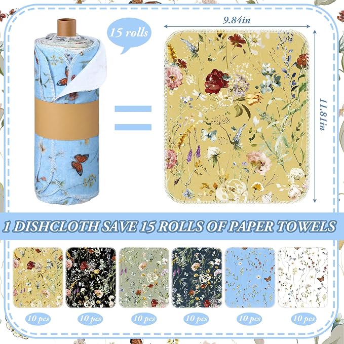 Reusable Kitchen Cloths Cotton Towel, 60 Pack, Rich Flowers - Image 2