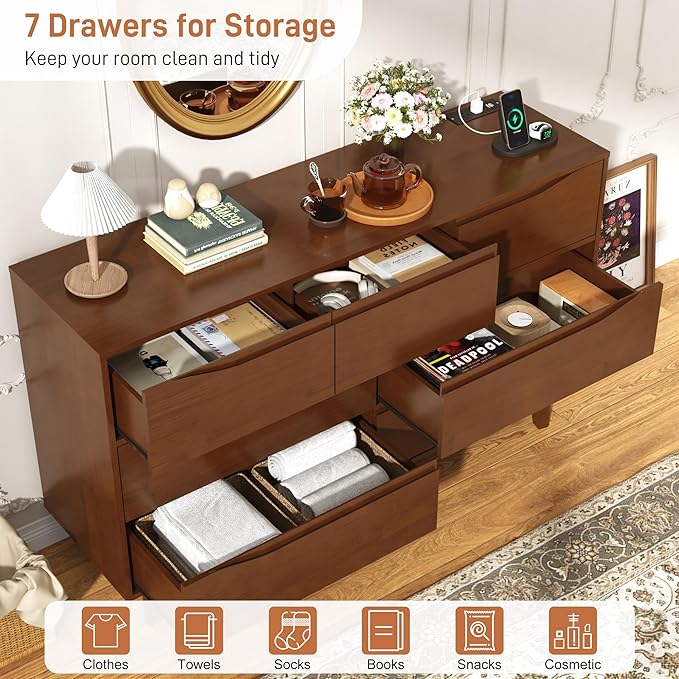 55”Solid Wood Drawers Dresser with Power Outlets, 7 Drawer Dresser for Bedroom, Mid Century Modern Vintage Large Chest of Dresser for Hallway, Entryway,Cutout Handle, Storage Essentials, Brown