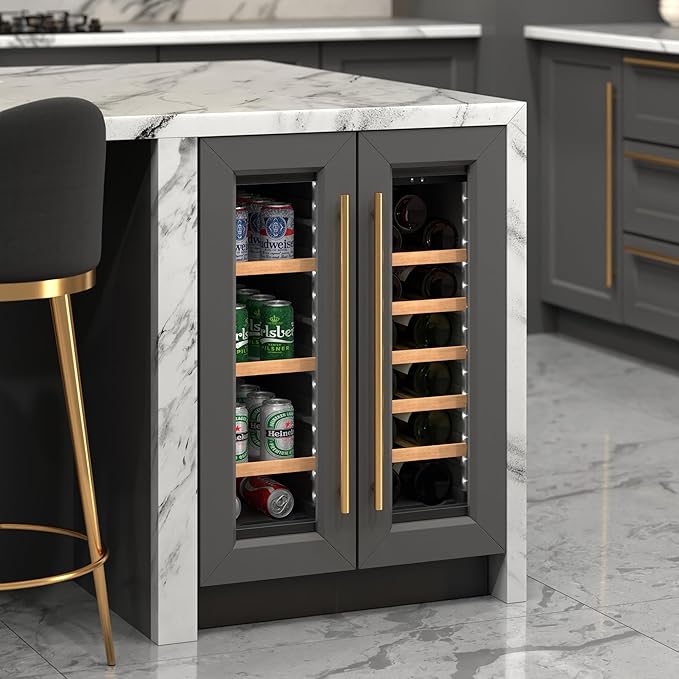 KoolMore Reserve 24 in. French Door Dual Zone Panel Ready Under-Counter Cooler with Wooden Shelves and 20 Bottle Capacity in the Right Zone and 2.1 Cu. Ft. on the Left in Black (KM-CWB24-WPR)