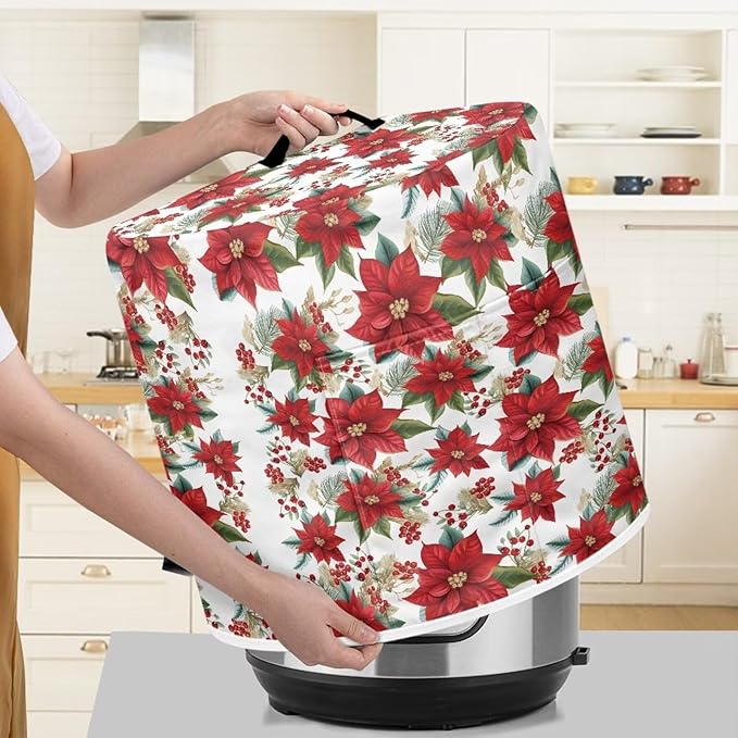 Dust Cover for Kitchen Instant Pot, for 3 Quart Pressure Cooker Air Fryer Rice Cooker Kitchen Appliance Dust Protection with Storage Pocket Christmas Decoration, Red Poinsettia Flower