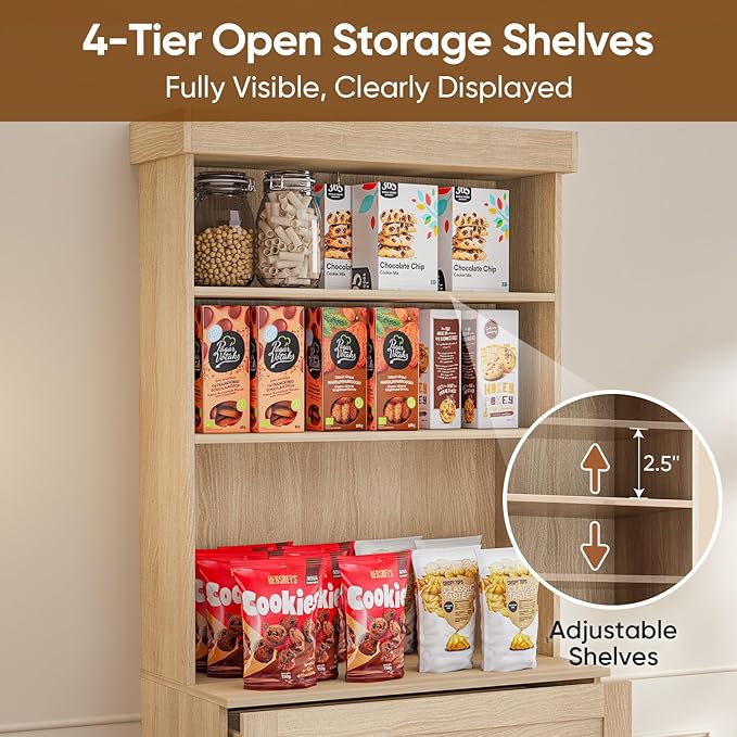 71" Tall Farmhouse Kitchen Pantry, Large Storage Cabinet with Glass Doors and Drawers, Freestanding Coffee Bar Hutch with Microwave Stand, Adjustable Shelves for Kitchen, Living Room, Brown 2 Pcs