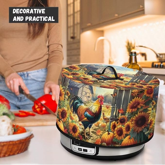 Rooster Sunflower Pumpkin Print Slow Cooker Dust Cover Compatible with 6/7/8 Quart Slow Cooker Dust Proof Electric Slow Cooker Cover with Storage Pocket for Crock Pot Accessories