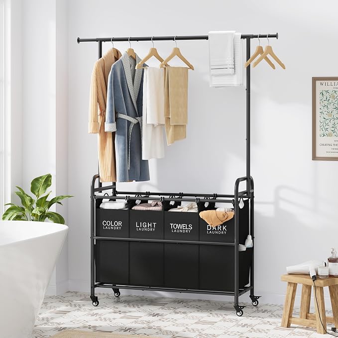 Tajsoon Laundry Sorter with Hanging Bar, 4 Section Laundry Hamper - Image 8