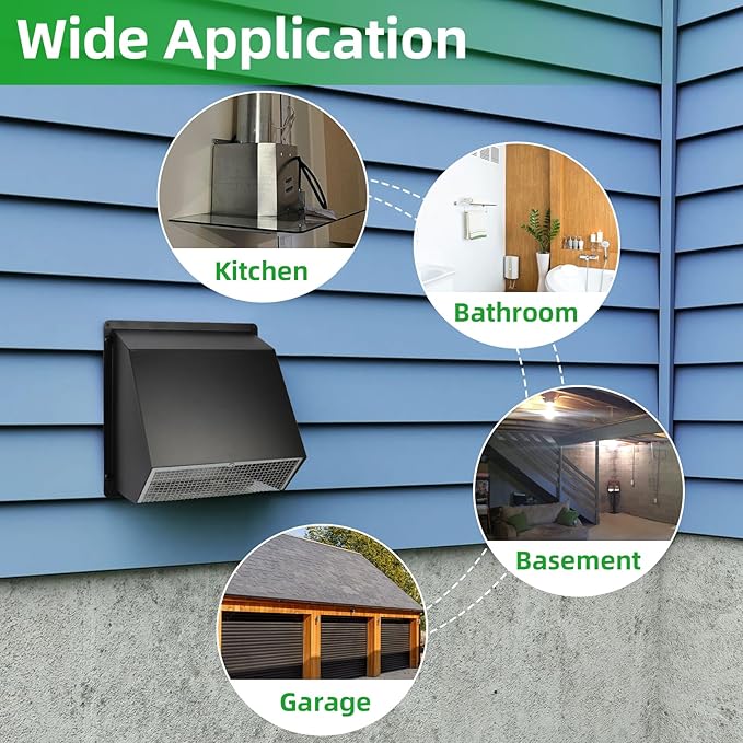 12 Inch Wall Vent Hood Exhaust Vent Cover Cap Outdoor Hooded Wall Vent with Screen and Damper for HVAC Duct Dryer Range Hood Industrial Facilities Ventilation and Air Exhaust,Galvanized Steel,Black