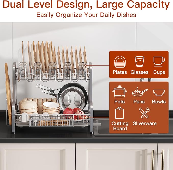 BOOSINY 2 Tier Large Stainless Steel Dish Drying Rack - Image 3