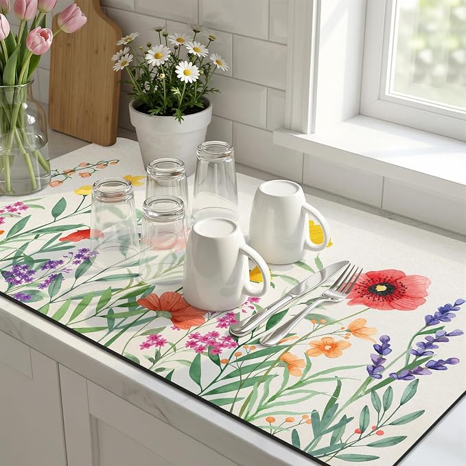 LOKHOM 17"x32" Dish Drying Mat，Colorful Floral Coffee Mat | Ultra Absorbent - Image 9