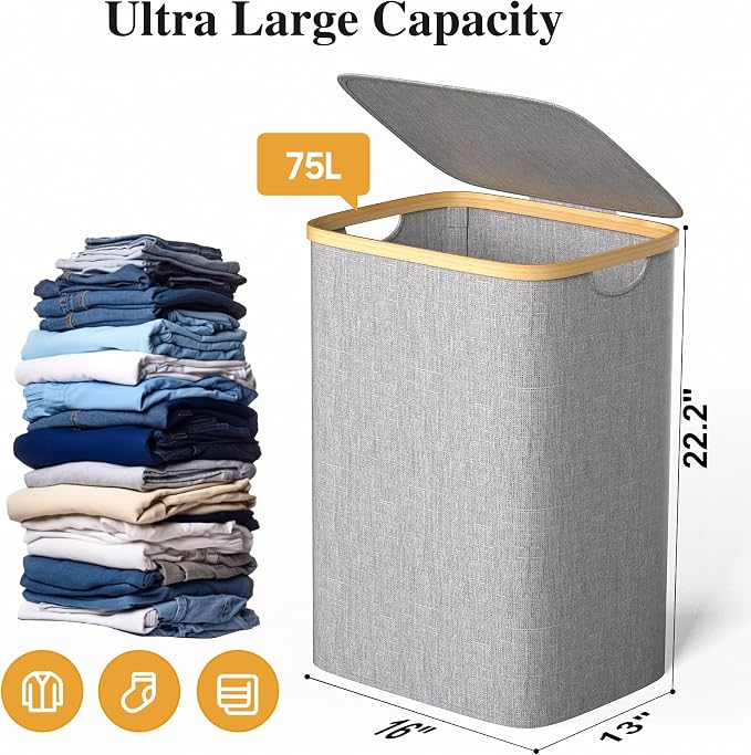 Foluck Large Laundry Hamper, 75L Waterproof Laundry Basket - Image 2