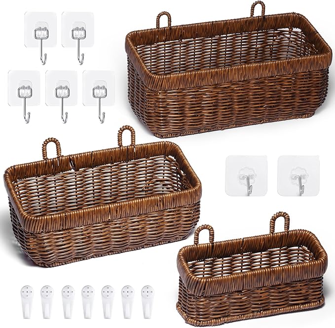 Hanging Baskets, Handmade Wicker Style Wall Basket w/Hooks - Image 3