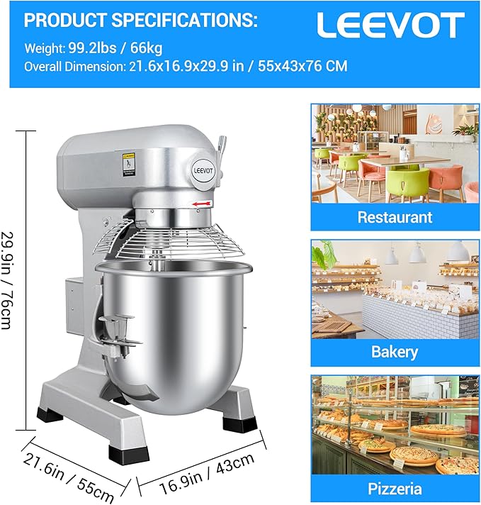20Qt 1100W Commercial Food Mixer, Commercial mixer 3-Speed Adjustable Heavy Duty Stand Mixer with Stainless Steel Bowl for Bakery Pizzeria.