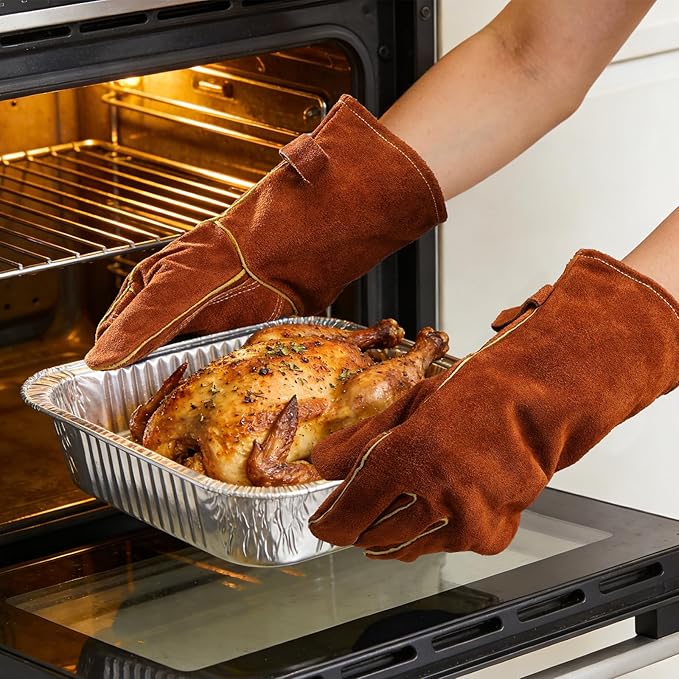 OZERO 932°F Heat Resistant Welding Gloves: 14 inches Cowhide Leather Long Sleeve and Insulated Lining Grill Glove - for Tig Mig Welder Forge Stove Oven Baking Fireplace Barbecue Grilling, Brown