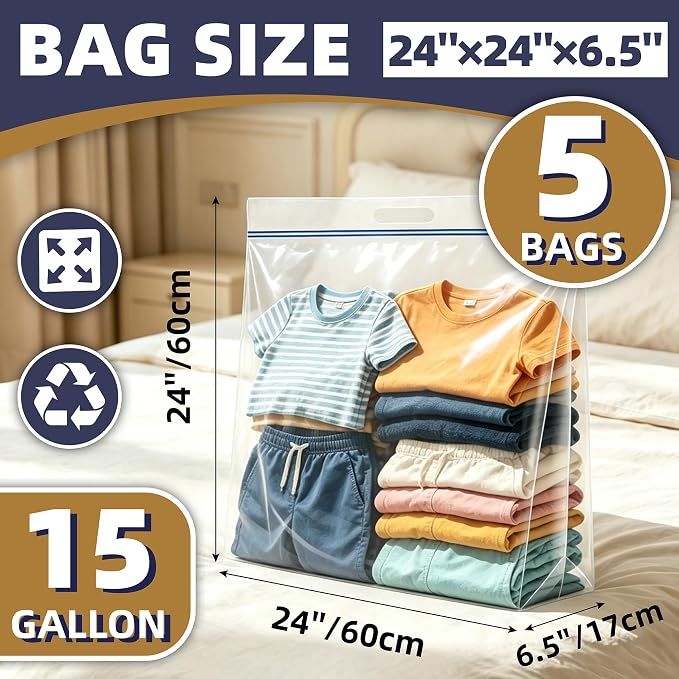 5 Pack Heavy Duty 15 Gallon Clear Zipper Bags - Image 2