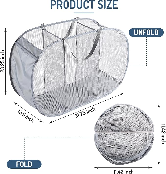 Seiritex Mesh Popup Laundry Hamper 3 Compartment Sortable Horizontal - Image 4