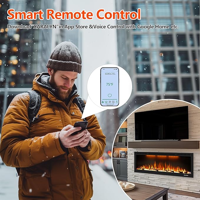86 inch Electric Fireplace, Smart Fireplace Insert recessed in Wall and Wall Mounted fire Place Heater with Metal Frame, Multicolor Flame & Realistic logs，Thermostat& Timer, 1500W, Black