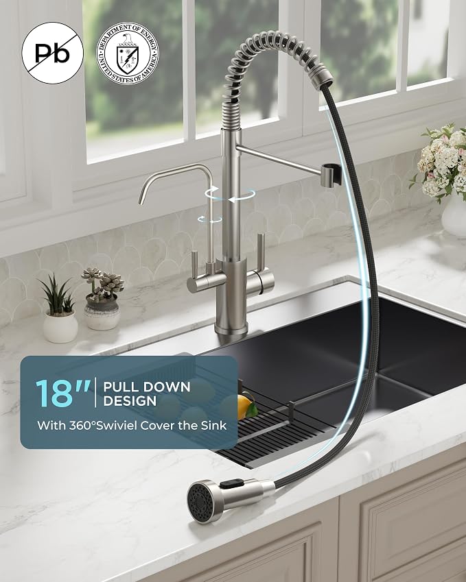 FORIOUS Kitchen Faucet with Purfied Water Filter, 2 Handle, Brushed Nickel | - Image 3