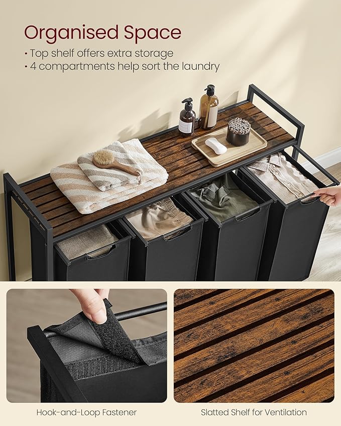 VASAGLE Laundry Hamper with Shelf, 4 Pull-Out Bags, 4 x 10.6 Gallons - Image 4