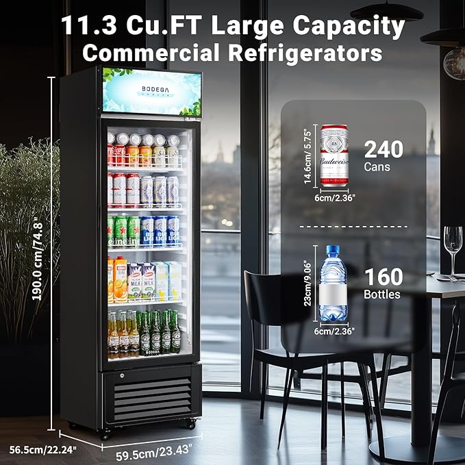 BODEGACOOLER Commercial Refrigerators with 4 shelves, 240 cans &160 bottles Beverage, 11.3 Cu. Ft. Commercial Merchandiser Refrigerators with Soft LED Light,For Garage, Gym, Man cave, Shop, Office.