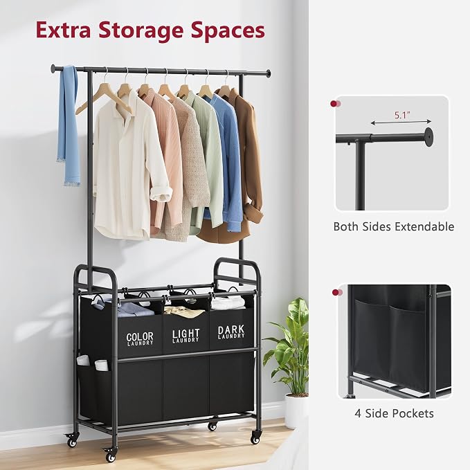 Tajsoon Laundry Sorter with Hanging Bar, 3 Section Laundry Hamper - Image 6
