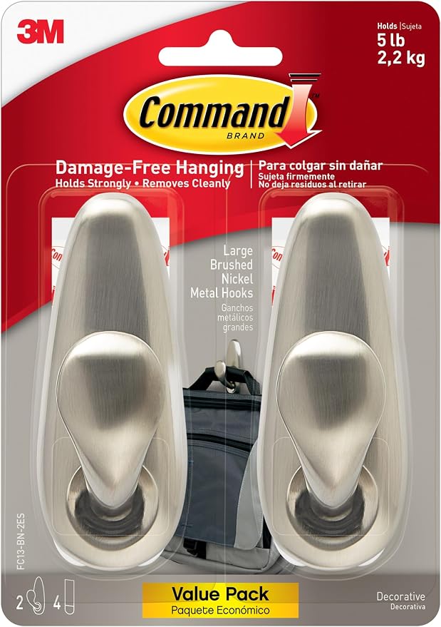 Command 5 lb Large Brushed Nickel Metal Hooks, 2 Coat Hooks and 4 Strips by Unknown