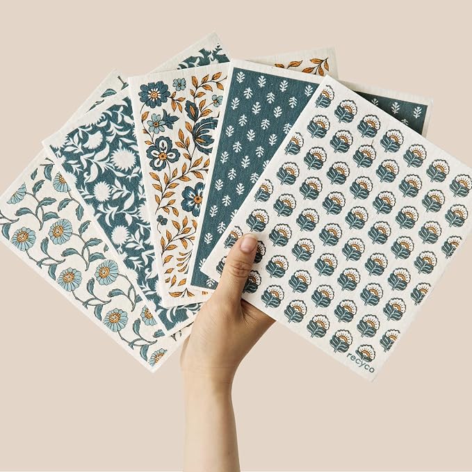RECYCO Swedish Dishcloths for Kitchen | 5 Pack Indigo Petals Washable Dish Rags by RECYCOHOMECOLLECTION