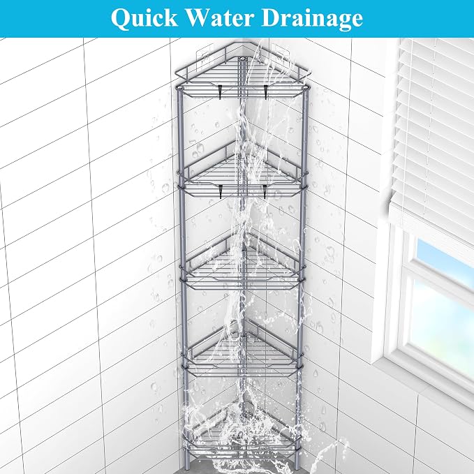 HuggieGems Metal Floor Standing Corner Shower Caddy, Dark Gray, 5 Tier - Image 4