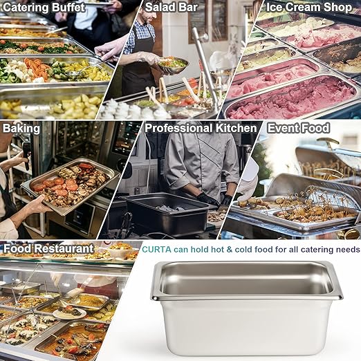 CURTA 6 Pack Anti-Jam Hotel Pans, 1/4 Size 4 Inch Deep, NSF Commercial 18/8 Stainless Steel Chafing Steam Table Pan, Catering Storage Metal Food Pan