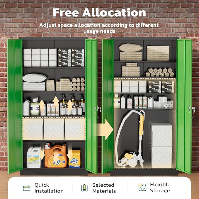 Greenvelly Metal Garage Storage Cabinet with 2 Doors and 4 Adjustable Shelves, 72" HLockable Storage Cabinet,Tall Metal Cabinet Locking File Cabinet for Office,Home, Garage, Gym, School