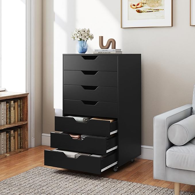 7 Drawer File Cabinet, Mobile Filing Cabinet w/Universal Wheels, Wood Printer Stand with Storage, Rolling File Cabinets for Home Office, Living Room, Bedroom (Black, 7 Drawers)