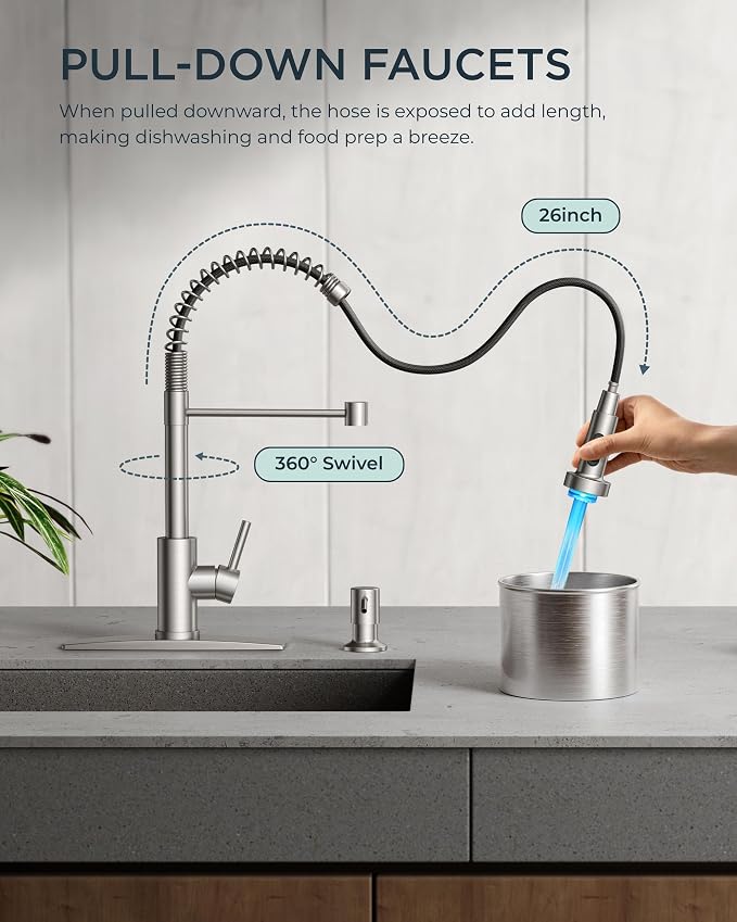 FORIOUS Kitchen Faucet with LED Light Sprayer, Single Lever, Brushed Nickel | - Image 2