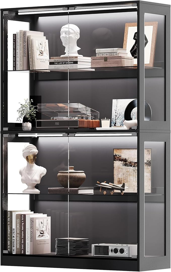 AMERLIFE RGB Display Cabinet with Adjustable Glass Shelves, 4-Tier Storage Case with LED Lights & Press-to-Open Doors, Modern Display Shelf for Collectibles, Black 70" H×45" L×16" D