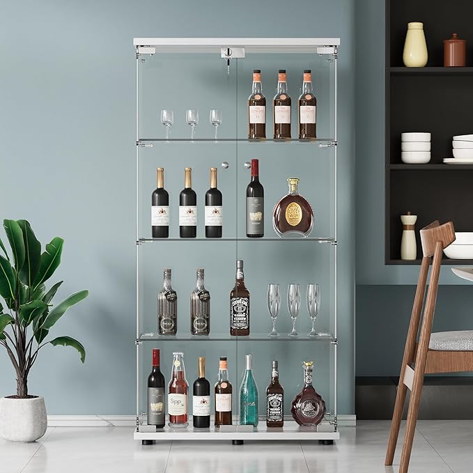 Yoluckea 4 Shelves Glass Display Cabinet with 2 Doors, Floor Standing Clear Glass Curio Cabinet Collection Display Case for Living Room Bedroom 64.56” x 31.69” x 14.37” White