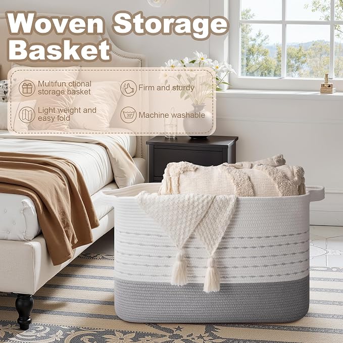 OIAHOMY 108L Extra Large Blanket Basket, 25”x16”x16” Rectangle Woven Cotton - Image 5